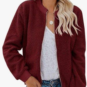 Women's Burgundy color sherpa bomber jacket, EUC, Size L